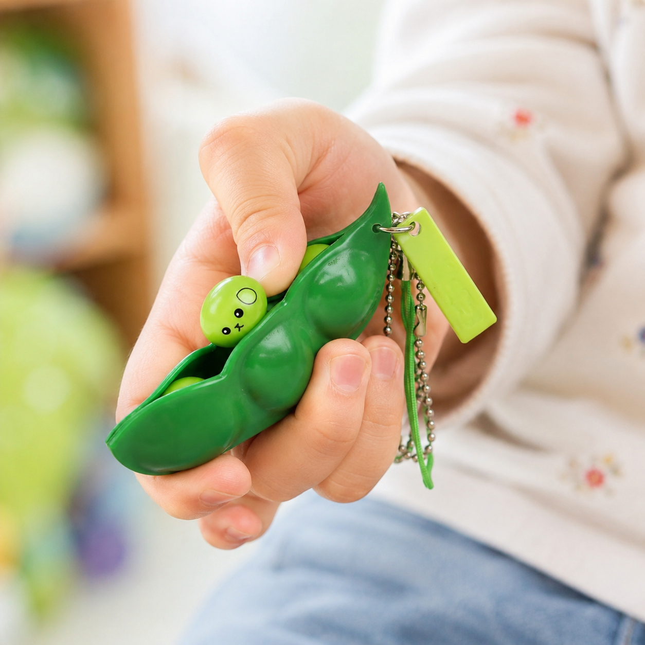 Cute Pea Pod Popper Keychain Fidget Toy for Kids & Adults – Funny Face Bean Squeeze Toy for Stress Relief, Anxiety Relief & Bag Decoration