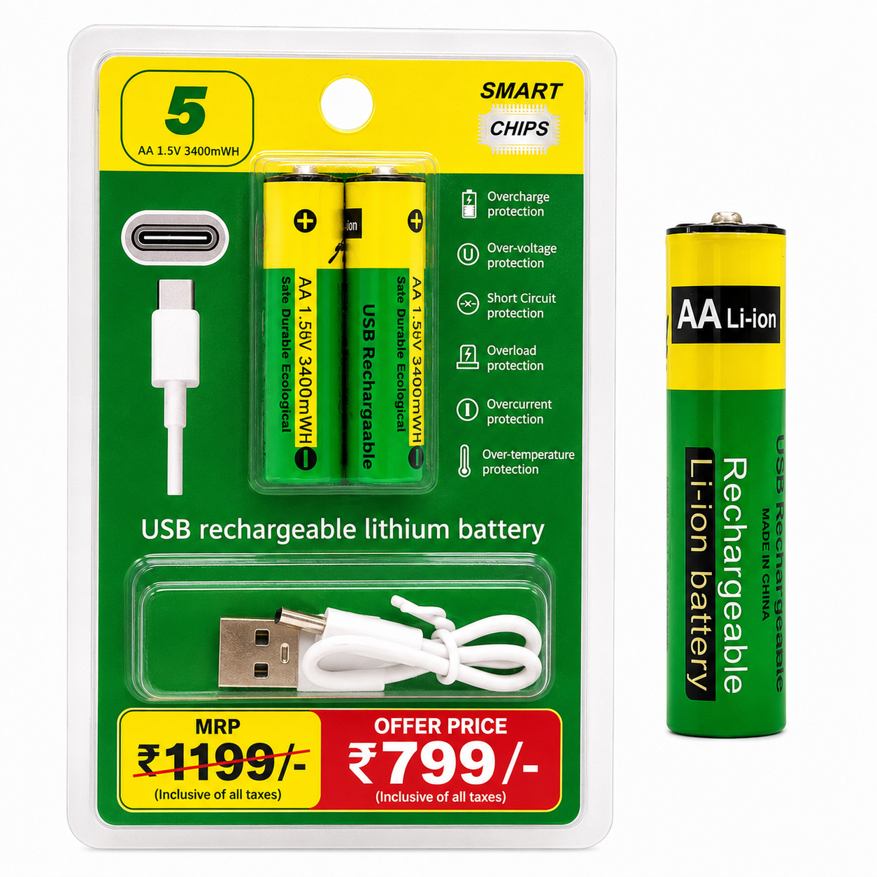 USB Type-C Rechargeable AA Battery 800mWh Pack of 2 for Toys, Torch, Clock, Remote & Everyday Home Devices