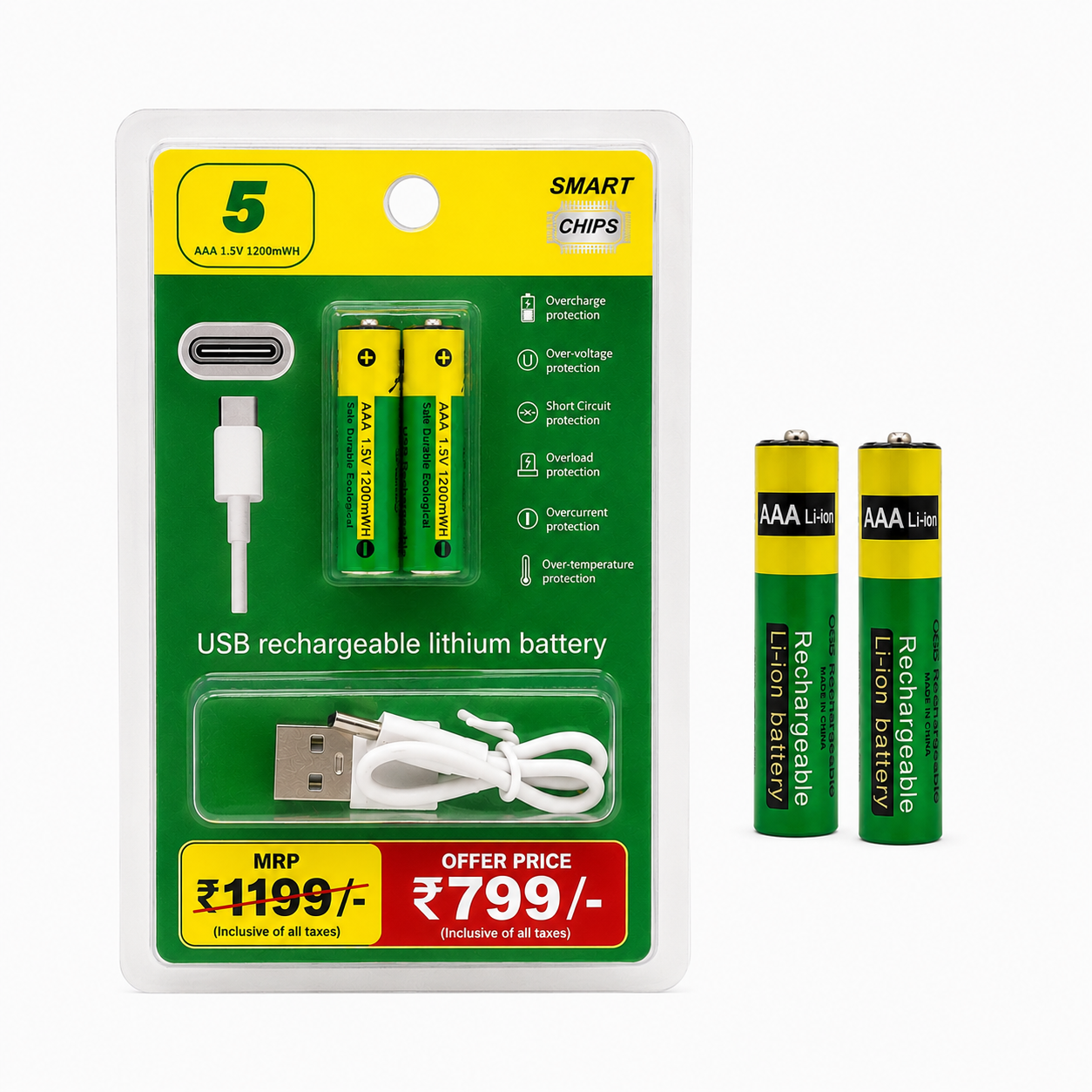 USB Type-C Rechargeable AA Battery 800mWh Pack of 2 for Toys, Torch, Clock, Remote & Everyday Home Devices