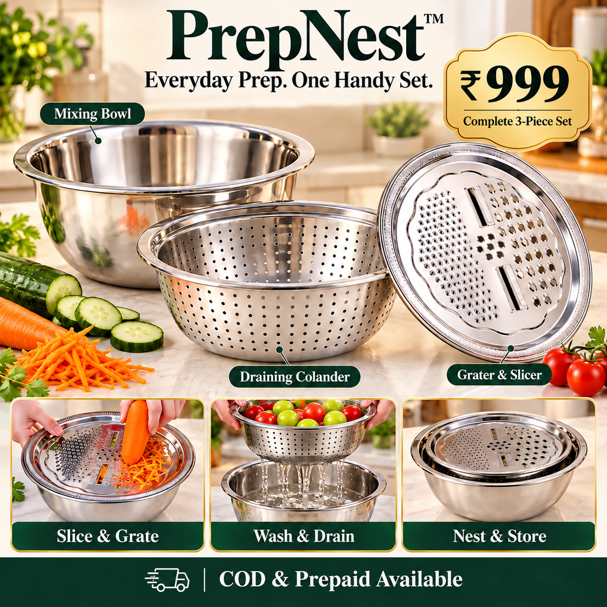 🥗 PrepNest™ – All-in-One Kitchen Slicer, Grater & Wash Bowl Set