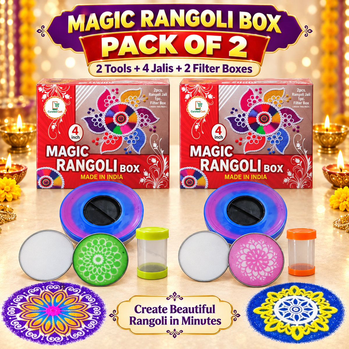 RangoliTwirl™ 4-Inch Magic Rotating Rangoli Maker Kit with 2 Design Jalis & Filter Box – Buy 1 Get 1 FREE 🌈🪔✨