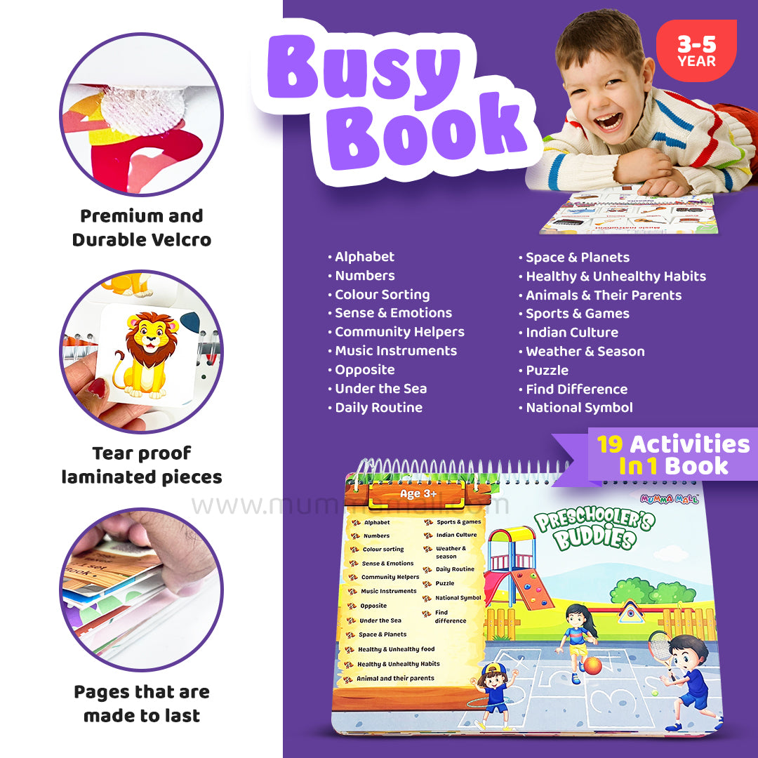 Preschooler's buddies  - 12-in-1 Velcro Binder Book for kids to Learn Alphabet ,numbers ,colour sorting & many more + FREE Learning 2000+ pages PDF worksheet for kids