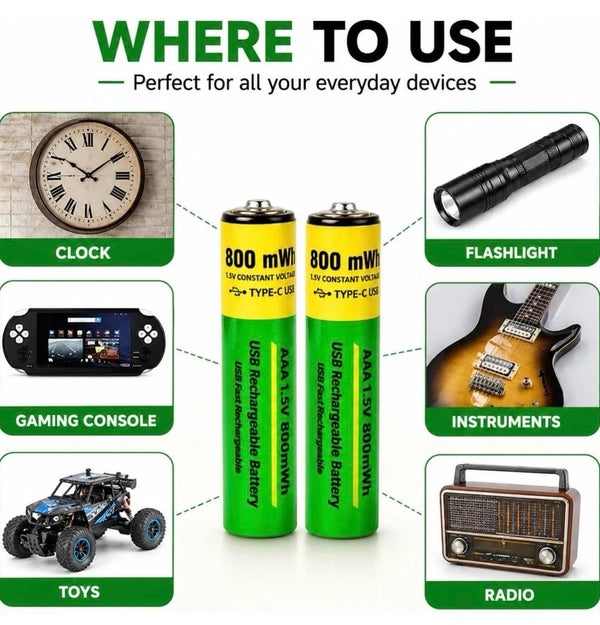 USB Type-C Rechargeable AA Battery 800mWh Pack of 2 for Toys, Torch, Clock, Remote & Everyday Home Devices