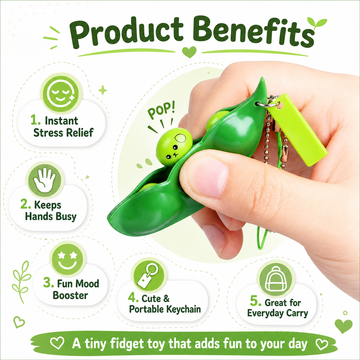Cute Pea Pod Popper Keychain Fidget Toy for Kids & Adults – Funny Face Bean Squeeze Toy for Stress Relief, Anxiety Relief & Bag Decoration