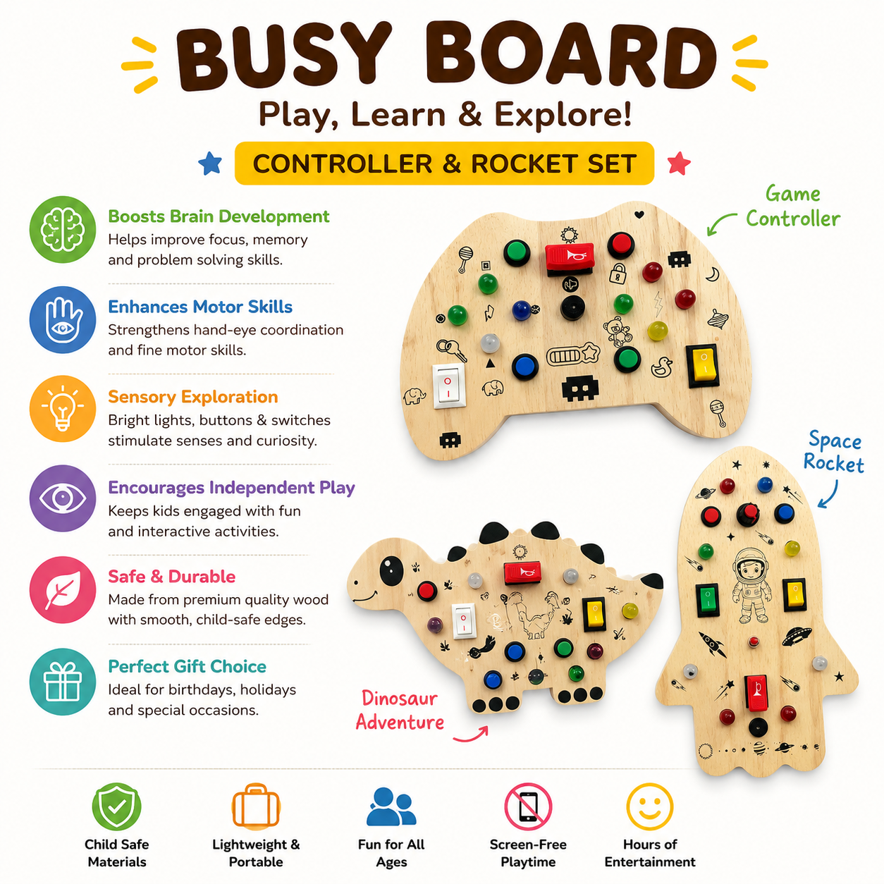 Wooden Montessori Busy Board Combo Set for Toddlers with Rocket, Dinosaur, Game Controller & Car Track Sensory Activity Toys