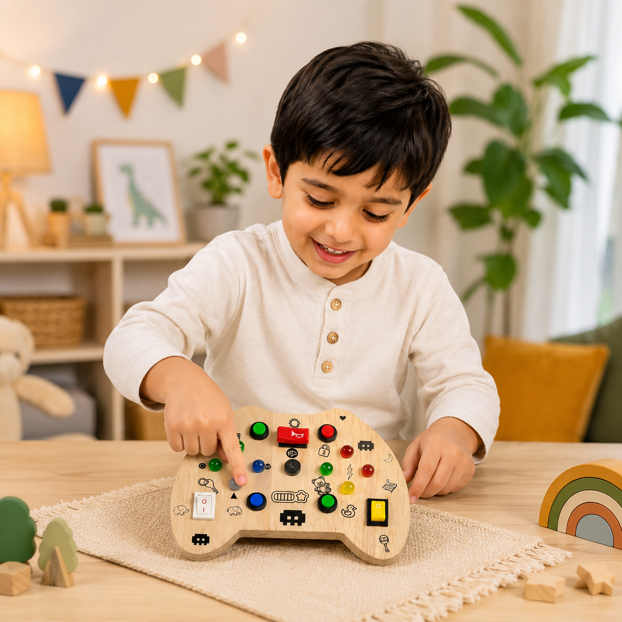 Wooden Montessori Busy Board Combo Set for Toddlers with Rocket, Dinosaur, Game Controller & Car Track Sensory Activity Toys