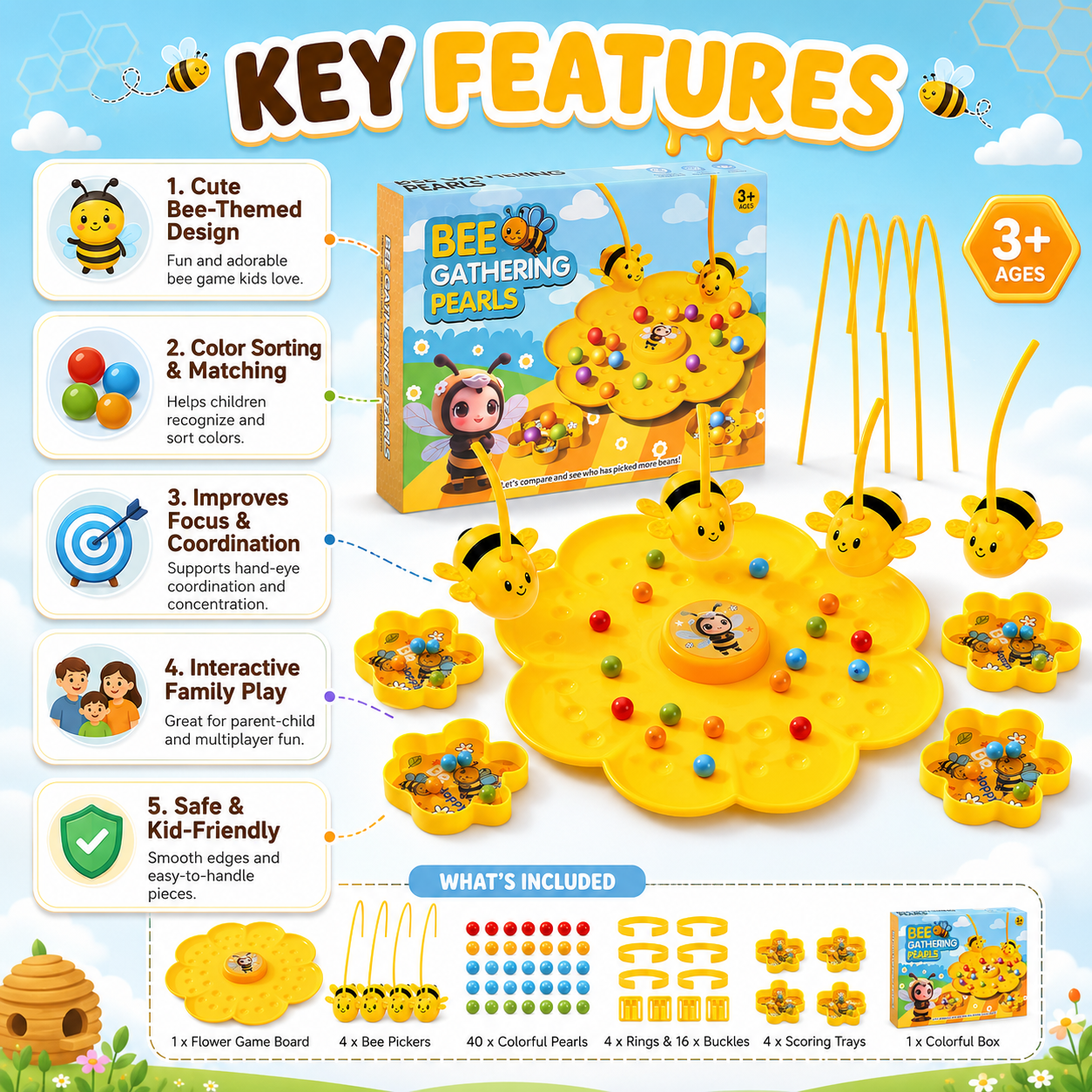 Bee Gathering Pearls Game for Kids – Magnetic Bead Catching Board Game for 3+ Years