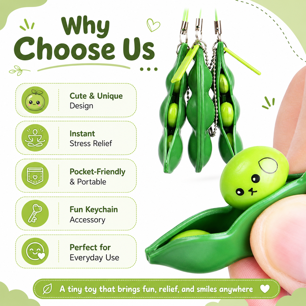 Cute Pea Pod Popper Keychain Fidget Toy for Kids & Adults – Funny Face Bean Squeeze Toy for Stress Relief, Anxiety Relief & Bag Decoration