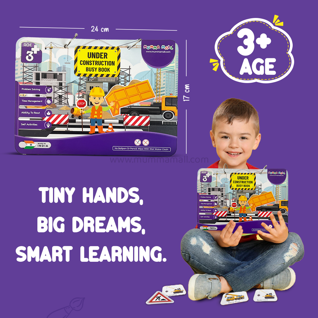 Under Construction Busy Book – Velcro Binder for Kids (3+) with construction vehicles, shapes, numbers, and problem-solving to boost motor skills & cognitive development