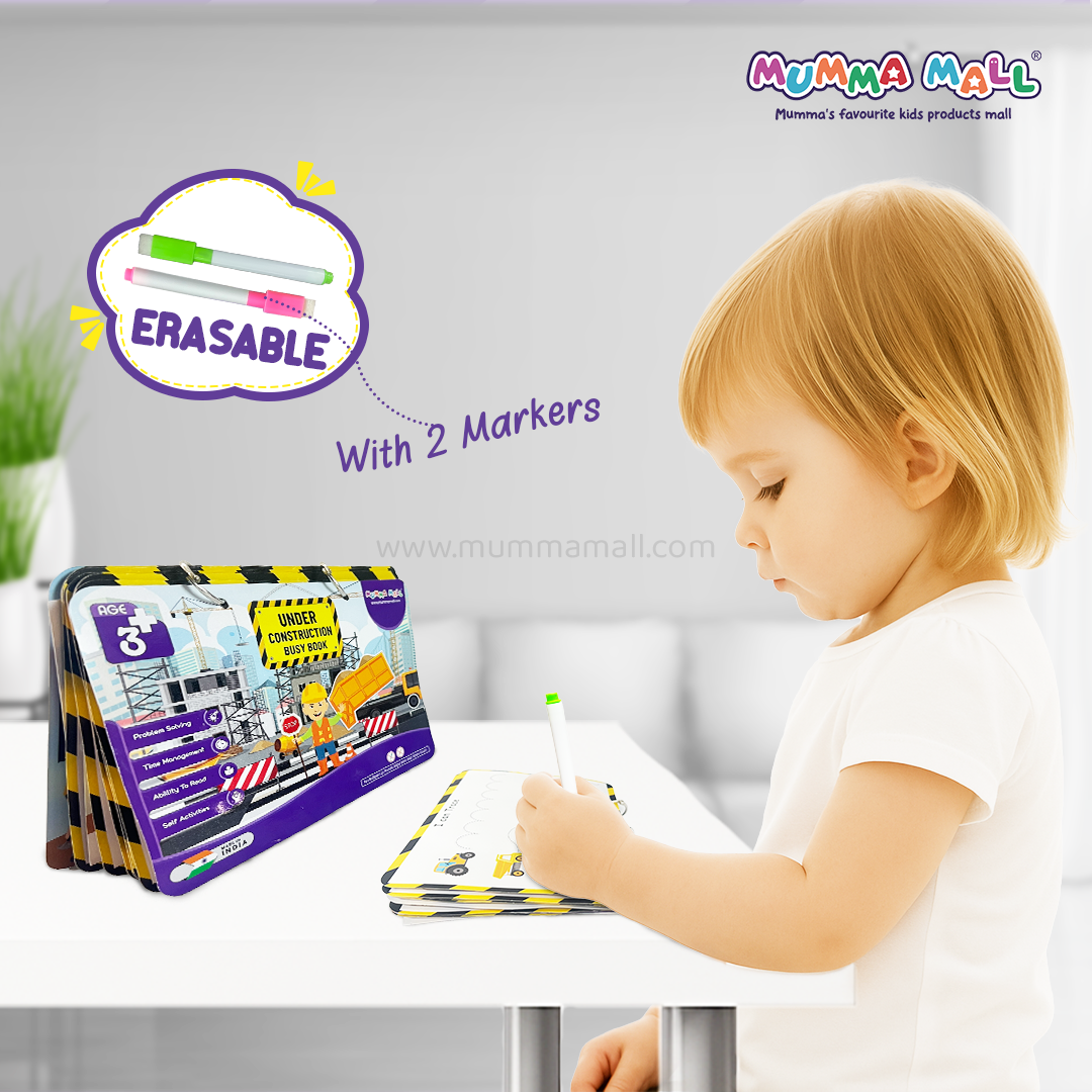 Under Construction Busy Book – Velcro Binder for Kids (3+) with construction vehicles, shapes, numbers, and problem-solving to boost motor skills & cognitive development