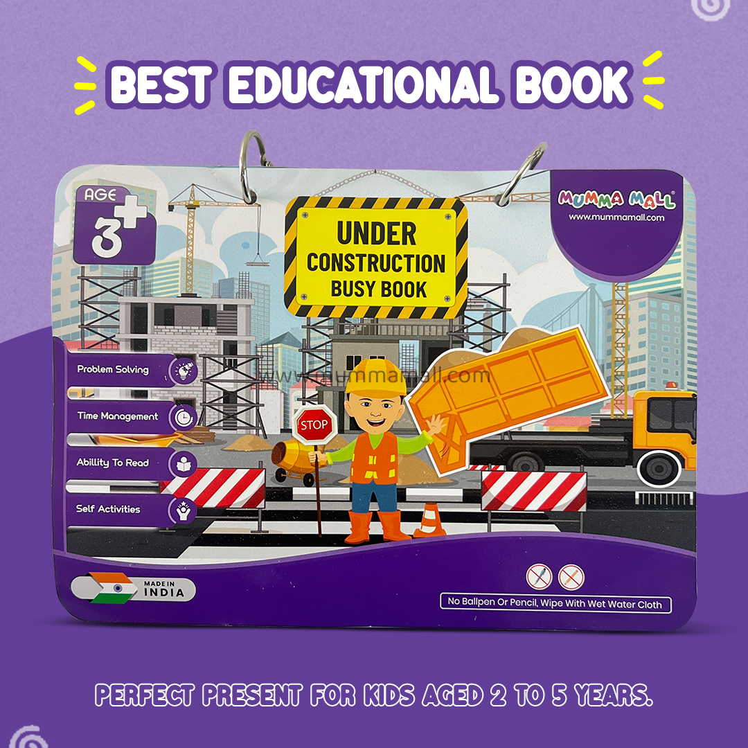 Under Construction Busy Book – Velcro Binder for Kids (3+) with construction vehicles, shapes, numbers, and problem-solving to boost motor skills & cognitive development
