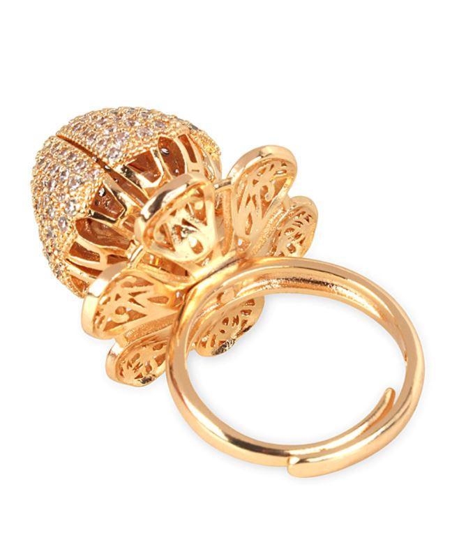 Gold-Plated & White AD-Studded Rotating Adjustable Finger Ring