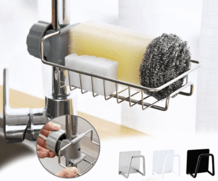 Multifunctional Stainless Steel Caddy Over Sink Clamp Faucet Sponge Scrubber Holder Storage Hanging Shelf Draining Bathroom Tap Organizer Rack - Multicolour