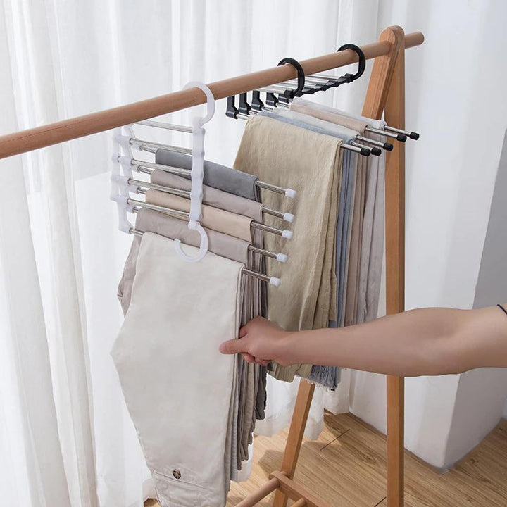 5 in 1 Foldable Hangers for Clothes Hanging Multi-Layer Multi Purpose Pant Hangers for Wardrobe Magic Foldable Hanger Space Saving 5 in 1 Rack Stainless Steel Cloth Hanger for Trousers, Jeans