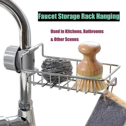 Multifunctional Stainless Steel Caddy Over Sink Clamp Faucet Sponge Scrubber Holder Storage Hanging Shelf Draining Bathroom Tap Organizer Rack - Multicolour